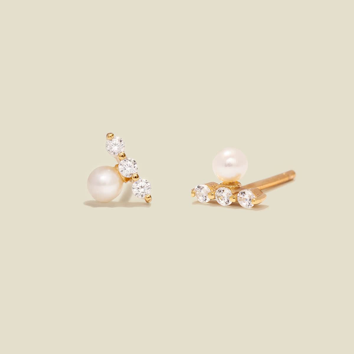 Mini Pearl and CZ Bar Stud Earrings Gold Vermeil Earring