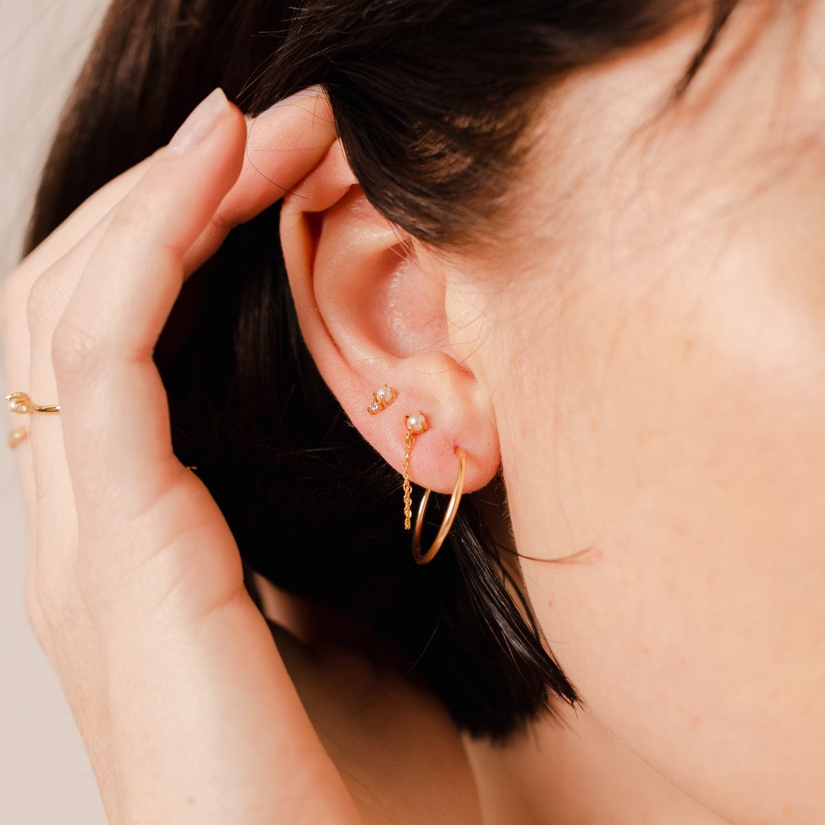 Pearl Chain Huggie Studs Gold Vermeil Earring